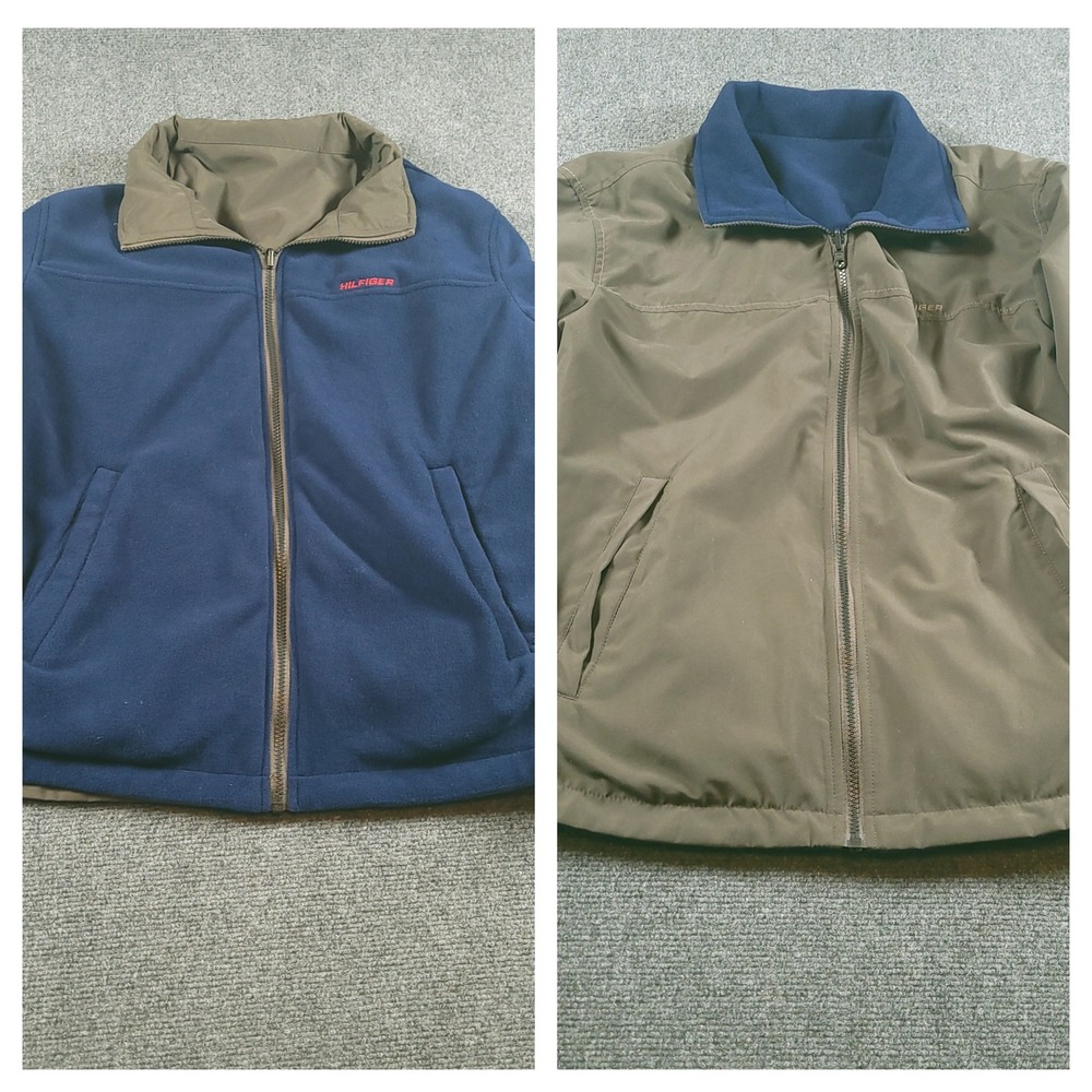 Tommy Hilfiger Reversible Jacket Mens L Green Blue Fleece Lined Full Zip Bomber